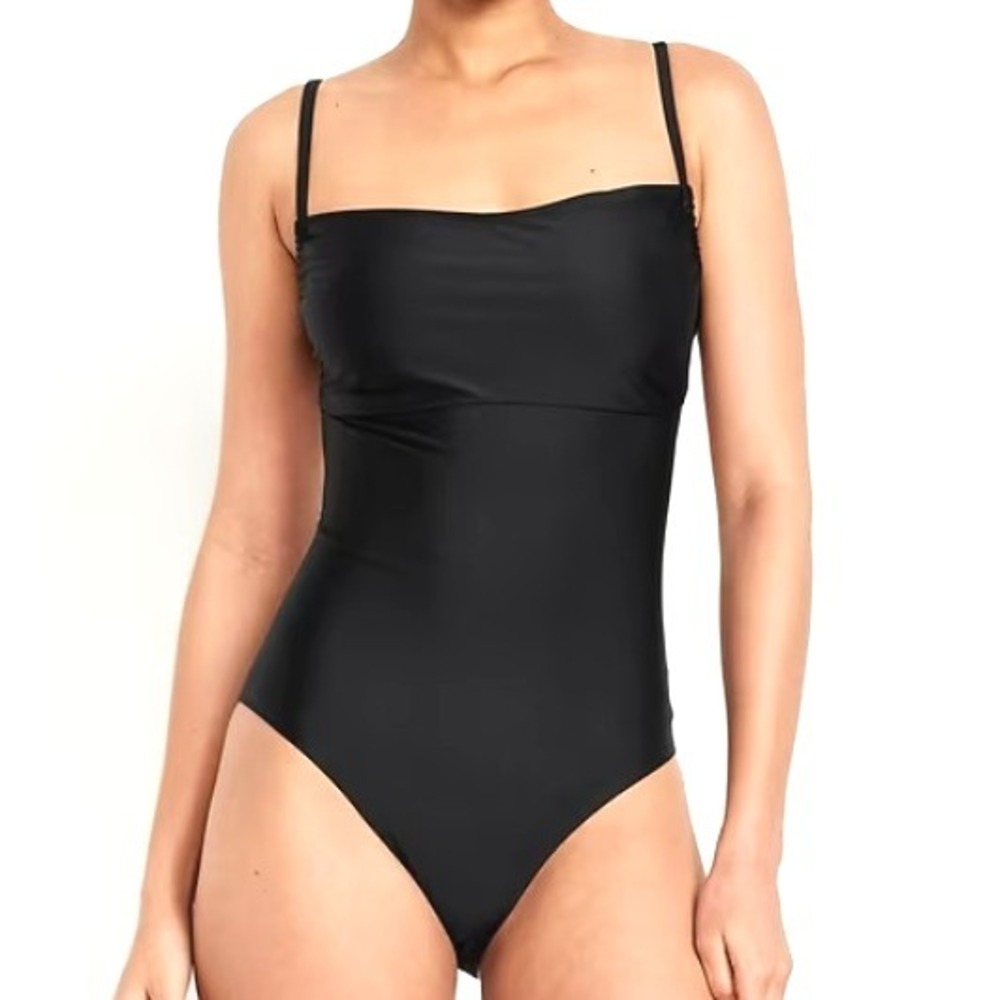 OLD NAVY NWT Womens Large Black Matte Ruched Cut Out Backless One Piece Swimsuit